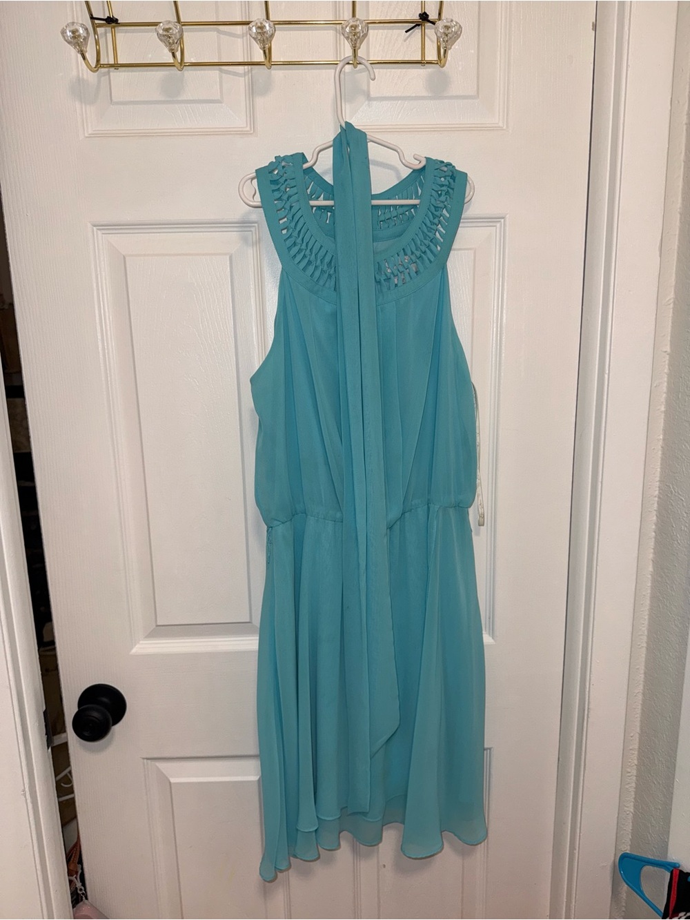 Jessica Simpson Turquoise Sleeveless Chiffon Midi Dress with Braided Yoke